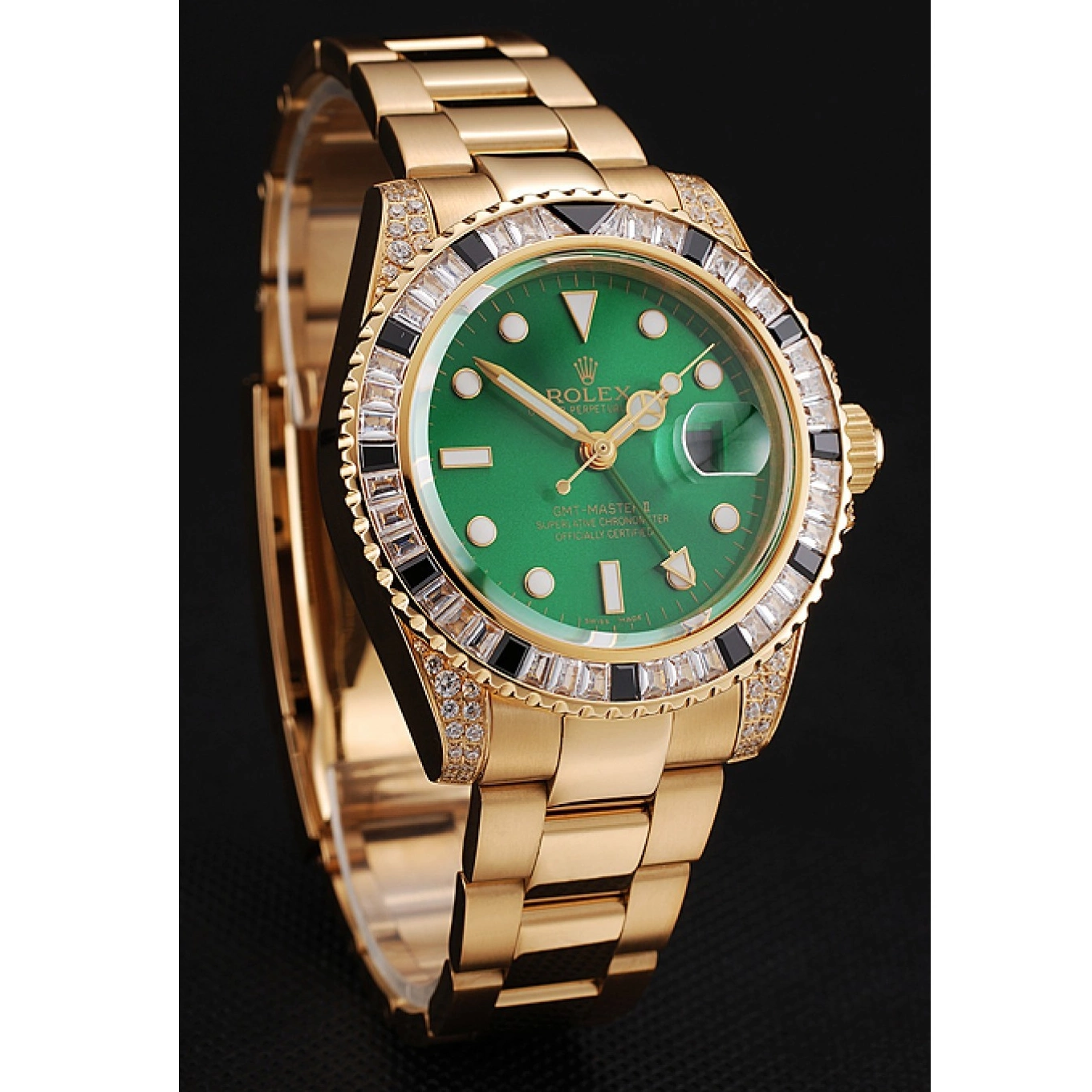 Aaa replica watch Master Bracelet Stone Case Set Swiss Rolex 1453748 GMT II Green Bezel Gold And Dial 0723